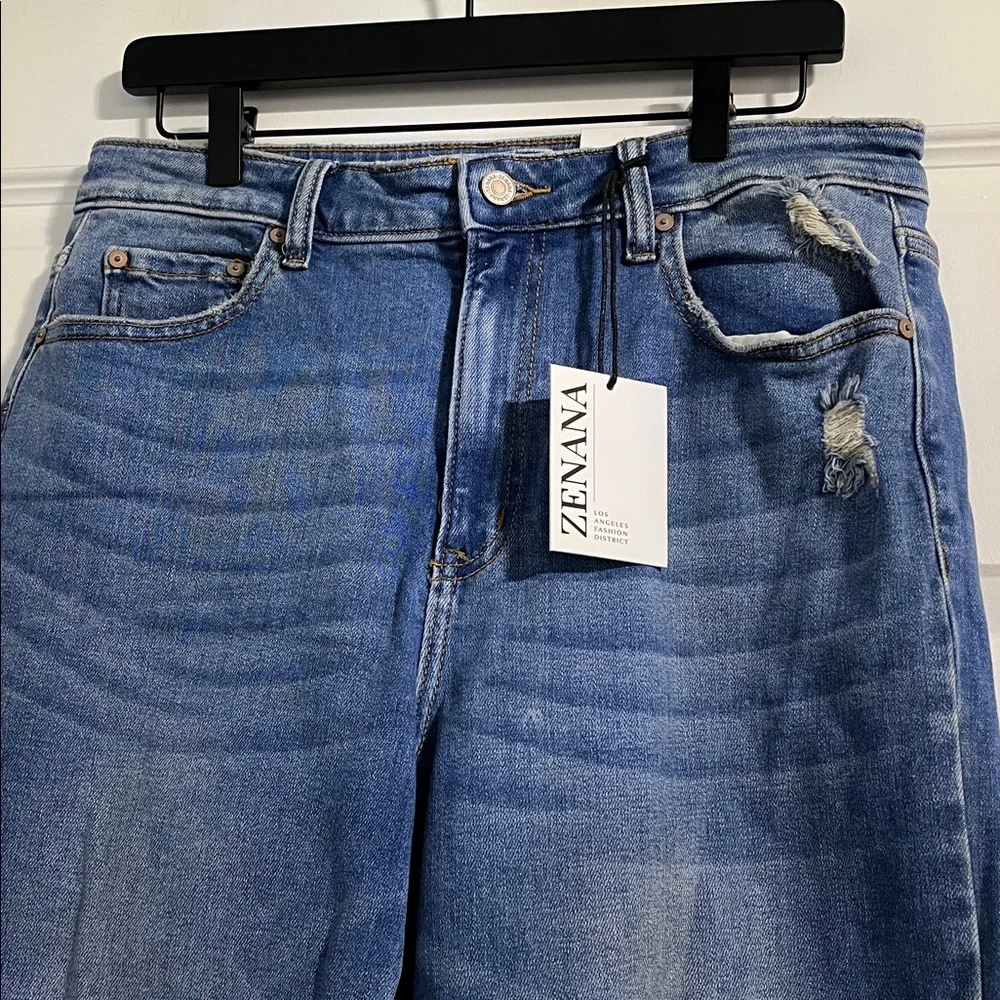 Zenana Distressed Kick Dark Blue Flare Jeans with Raw Hem Size 30 - Picture 4 of 8